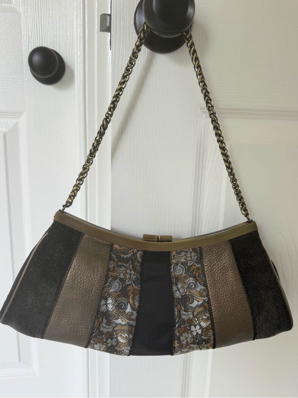 Talbots Brown and Black Striped Floral Panel Shoulder Clutch